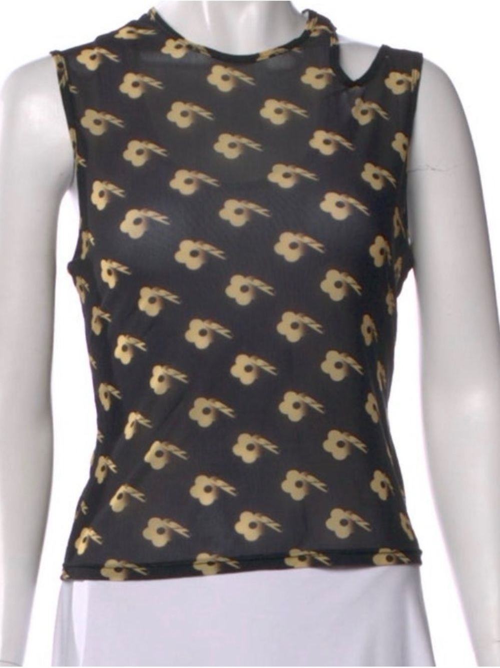 Sandy Liang Black Mesh Floral-Print Sleeveless Tank